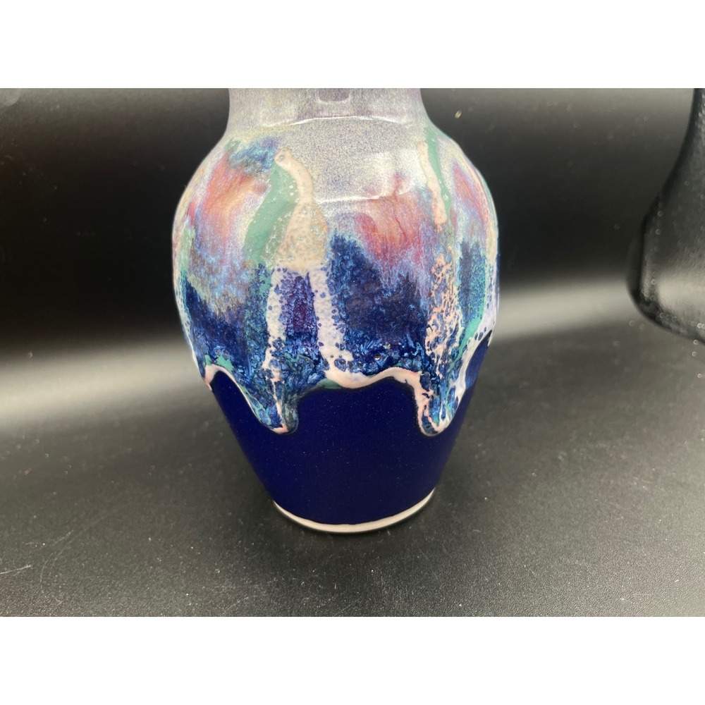Studio Pottery Hand Signed Crystalline Drip Glaze Vase Blue Purple Green 6 inch - Picture 8 of 11